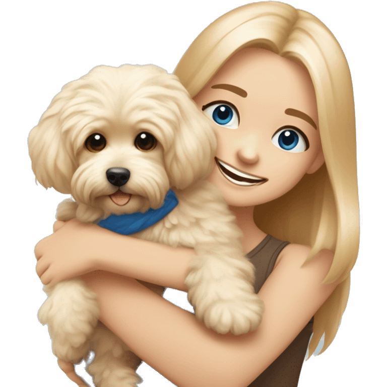 New year mood Blonde girl with very long straight hair and blue eyes is hugging a small caramel maltipoo and the dog is smiling  emoji