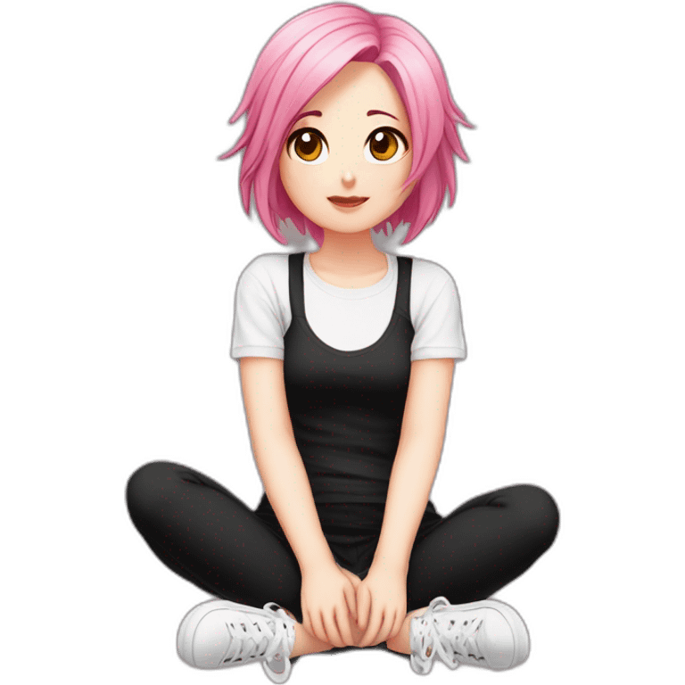 Full body Front view curvy emo girl pink hair sits on the floor straight view hands up black skirt белые трусики emoji