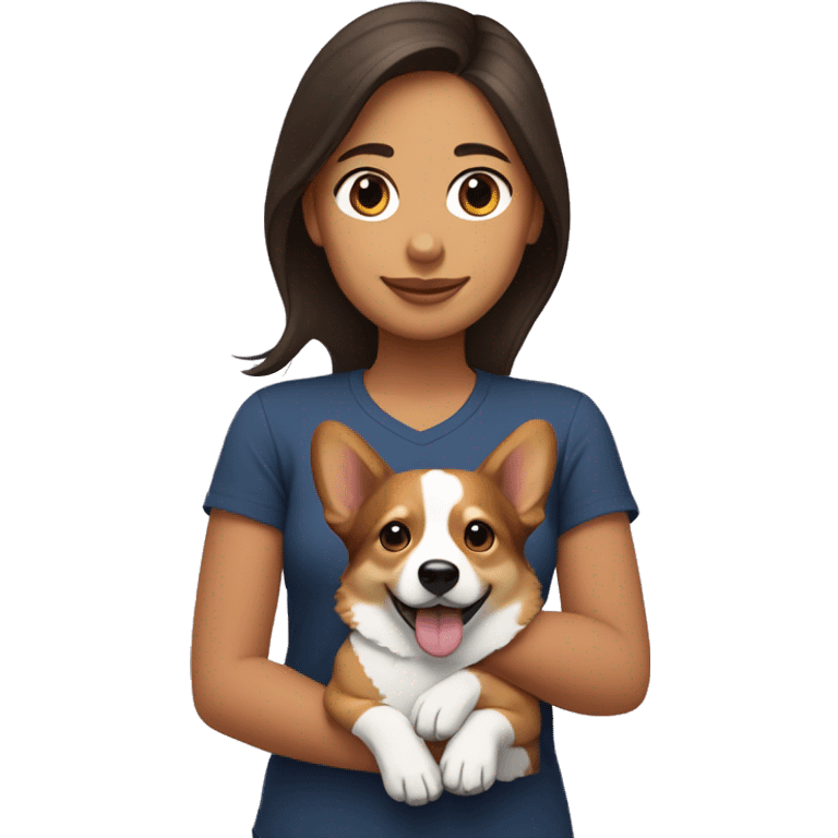 Une fille brune avec un corgi tricolore emoji