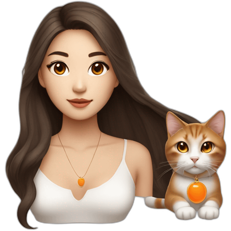 beautiful Asian woman with long brown hair brown almond-shaped eyes, with cat eye makeup and orange usb key on necklace emoji