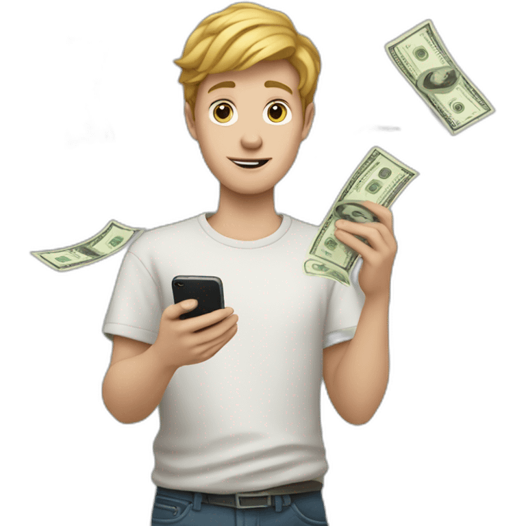 a white boy holds a phone in his hand from which money flies out emoji