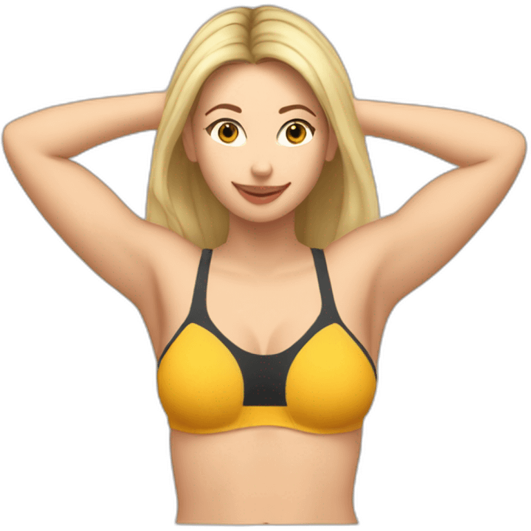 fit Caucasian woman small panties hands-in-hair pose (beach body) emoji