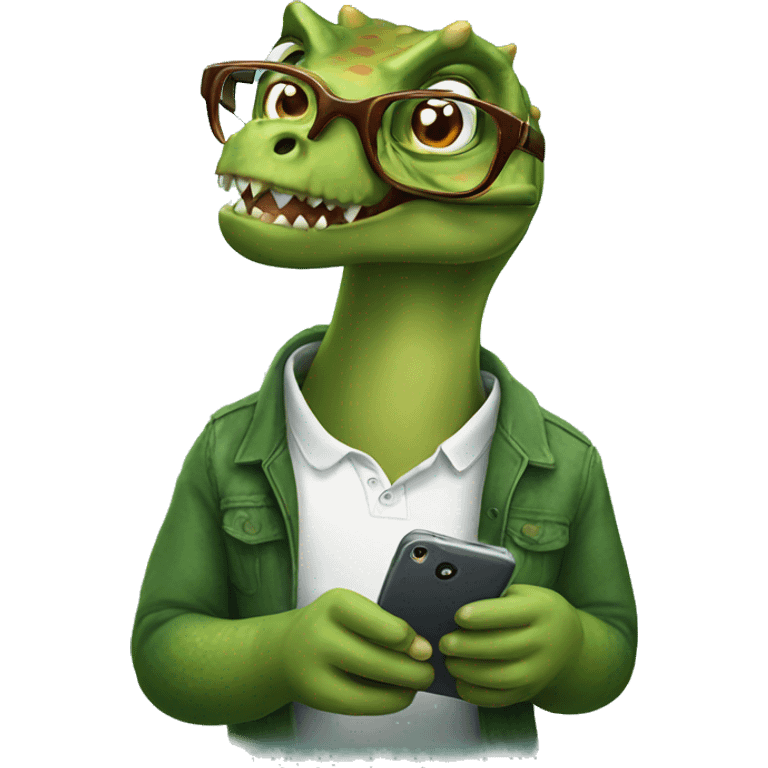 Dinosaur on their phone with glasses emoji