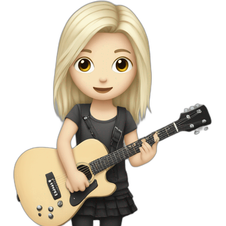 A young emo/grunge white girl, with very light blond hair,grey eyes, and a guitar emoji