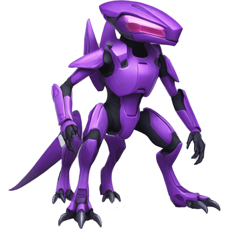 a purple Genesect-Raptor-Fakémon—hybrid with a futuristic visor-helmet full body emoji