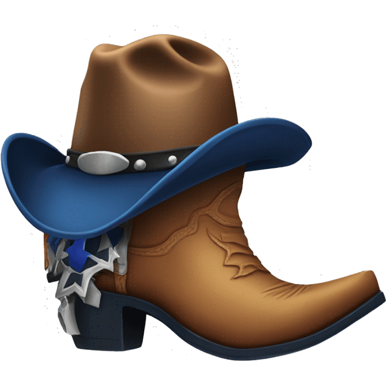 Rustic cowboy boot with spur and a dark blue cowboy hat on top emoji