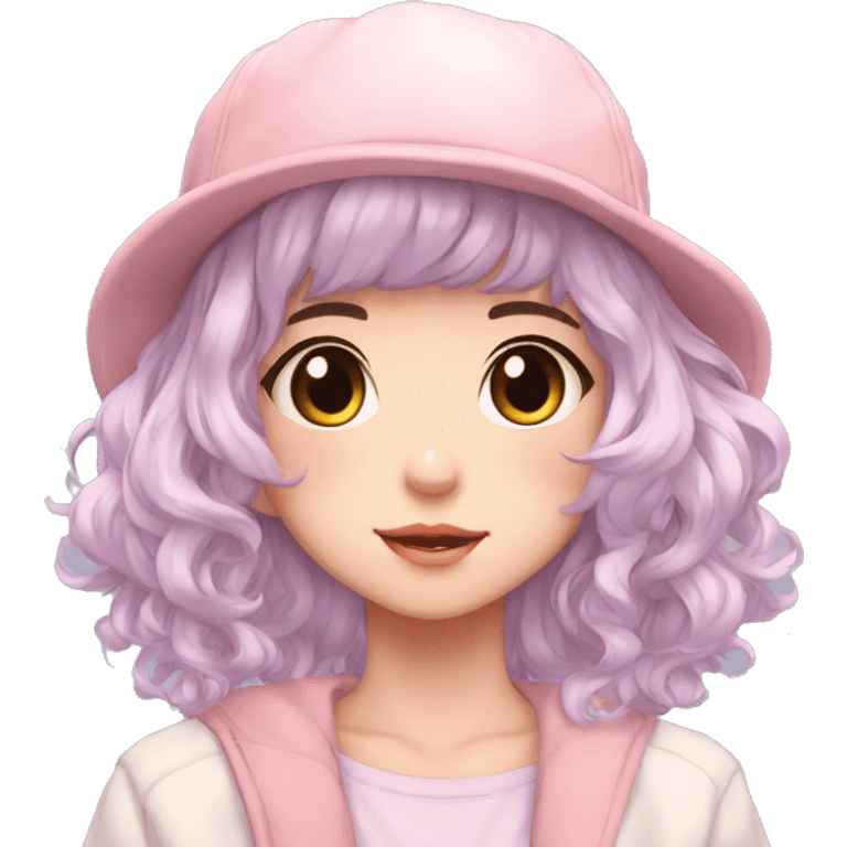 Gorgeous pastel anime girl with blushing face and hair garnitures and pretty hair and a cap aesthetic trending style emoji