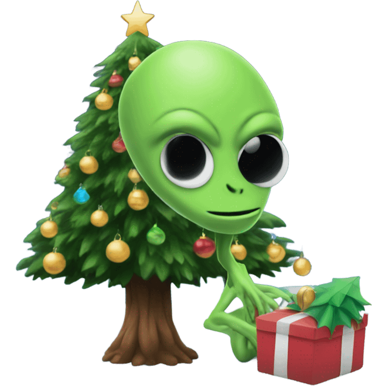 Alien by a Christmas tree emoji