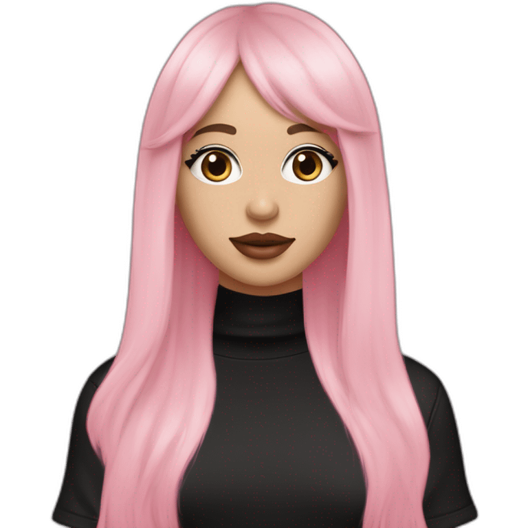 White women with strait dark brown hair with curtain bangs and long eyelashes brown eyes and pink cheeks with pink lips and dark brown eyebrows wearing a black oversized t-shirt emoji