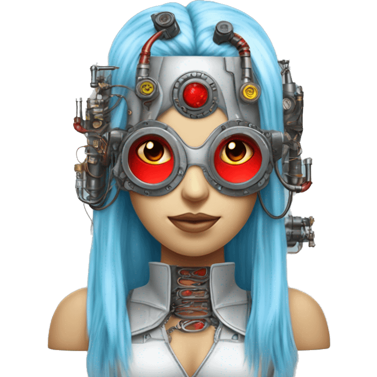 Light blue long hair female cyborg head with red steampunk goggles and circuits emoji