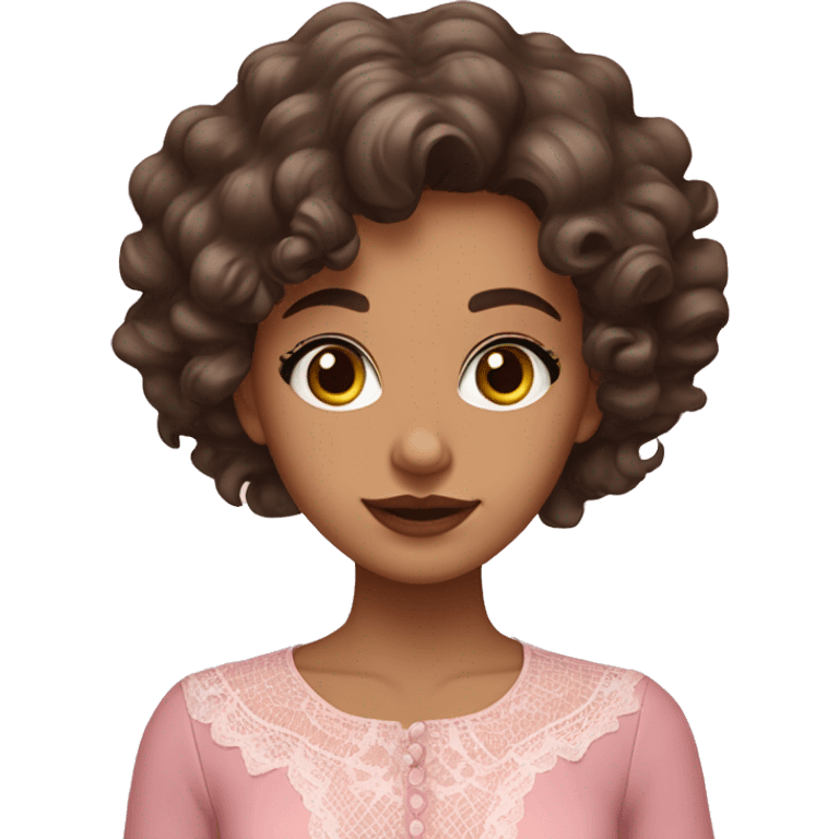 a brunette girl with large curls, fair skin, brown eyes, full lips, in a pink blouse with lace emoji