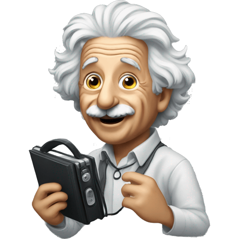 happy albert einstein holding headphone in one hand of his hands emoji