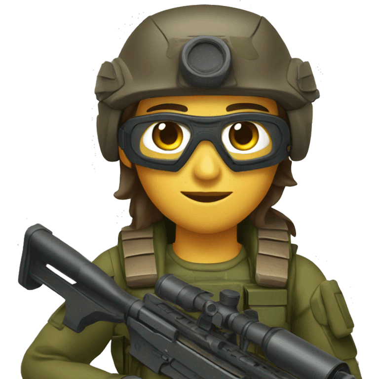 Sniper with a sniper rifle dressed in brown camouflage, dark green helmet and body armor with tactical goggles and brown hair emoji