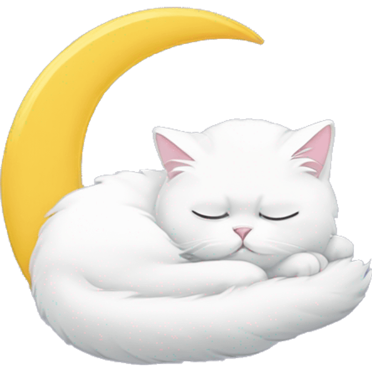 White Persian cat sleeping on crescent moon  emoji