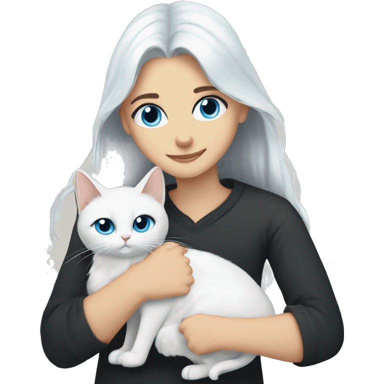 a guy with long dark hair and blue eyes and a girl with long white hair and brown eyes hug a white cat with black ears and blue eyes emoji