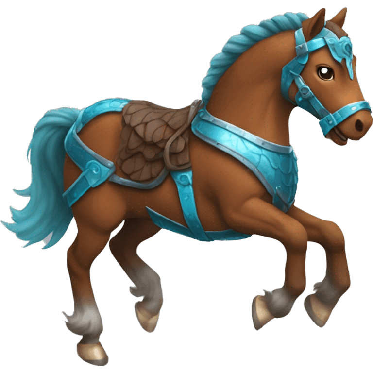 Chestnut brindle brindled horse running galloping wearing blue and cyan armour  emoji