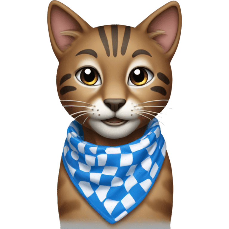 brown wildcat wearing blue and white checkered bandana around its neck emoji