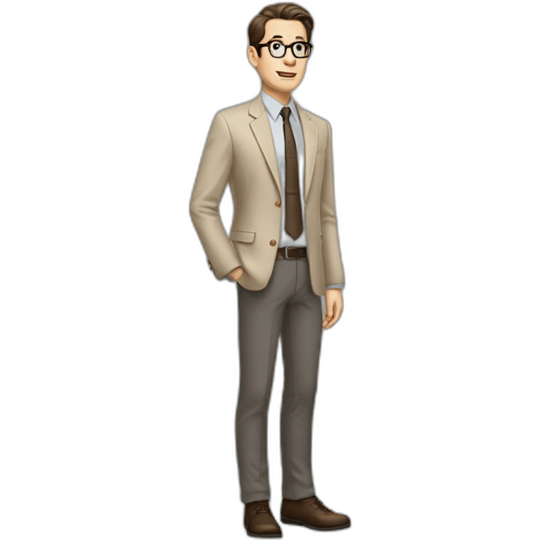 Full height Gesticulating Pale skinned fit man with dark brown hair in gray jacket, beige office shirt, brown tie, brown pants and vintage glasses. emoji