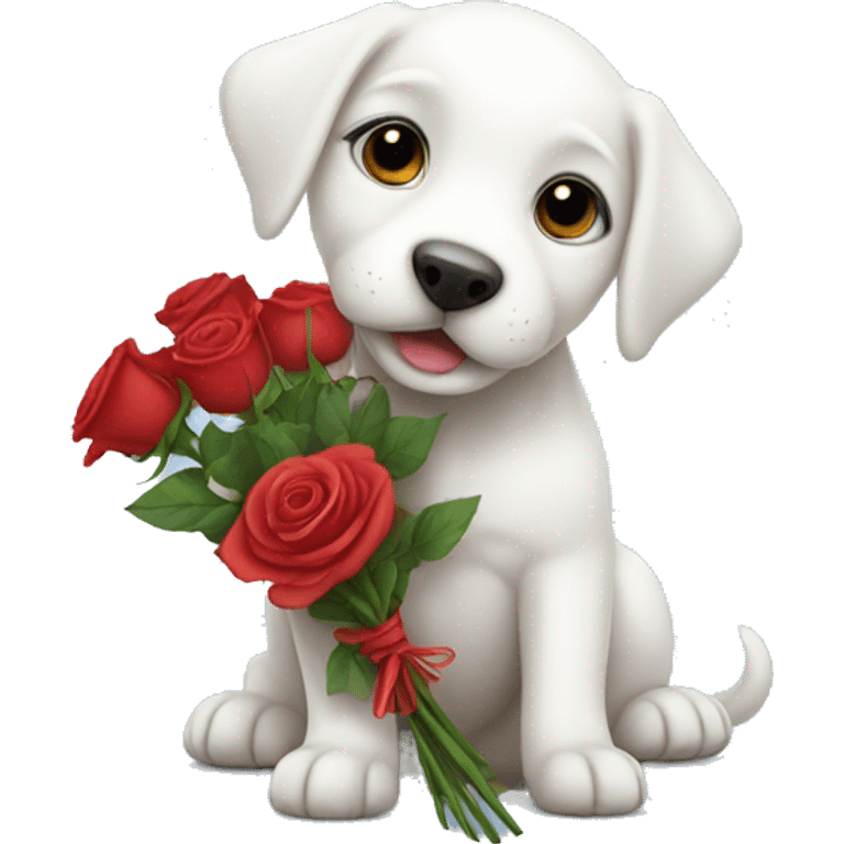 White puppy holding roses  emoji