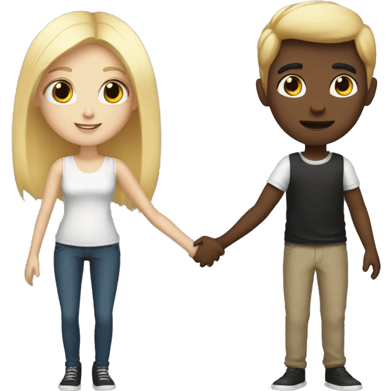 Boy with blonde hair holding hands with girl with dark black hair  emoji