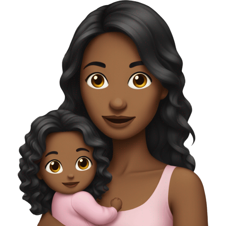 Woman long wavy black hair holding a baby girl emoji