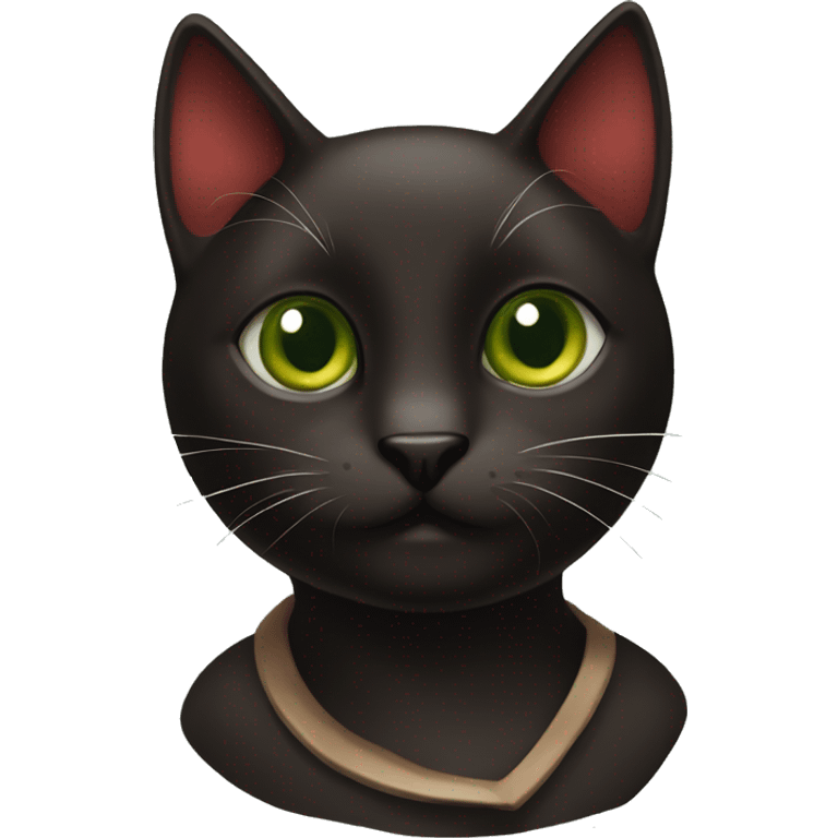 a dark brown and black cat with white spot in a chest with forest green and brown eyes with red collar emoji