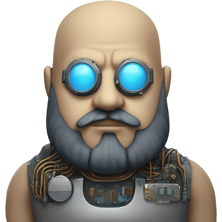 Bearded Fat bald cyborg head with tan skin, blue steampunk goggles and circuits emoji