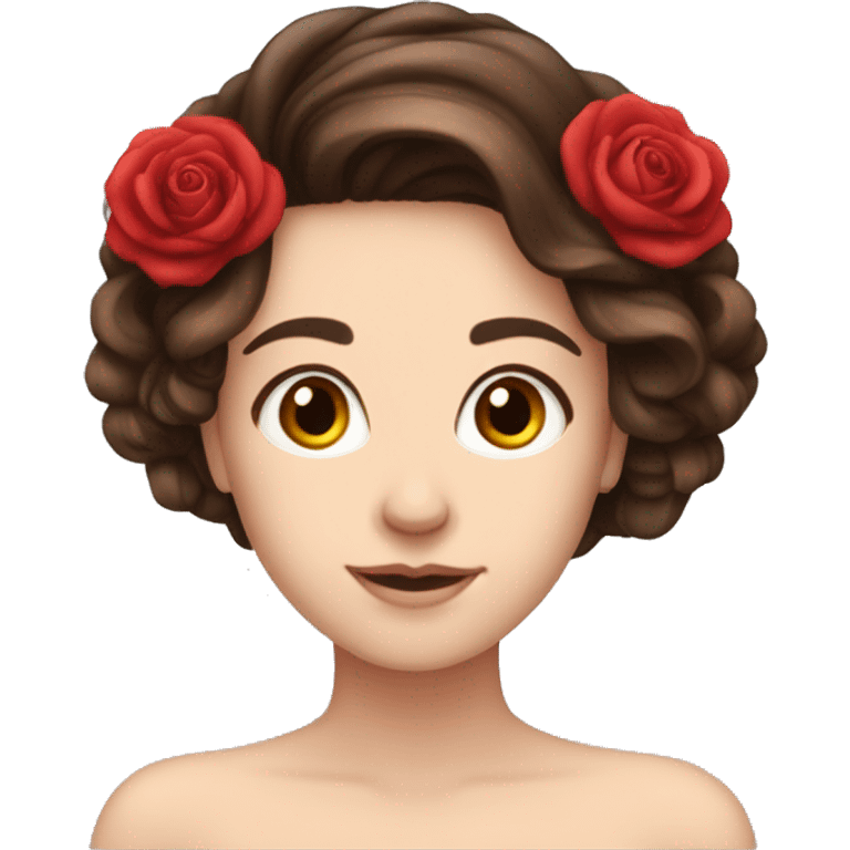 Beautiful, rose, red, flowers in hair, long dark brown hair, white fair skin emoji