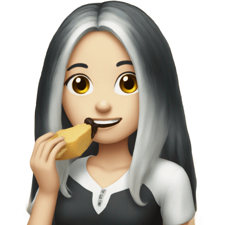 Pale girl with long black hair eating emoji