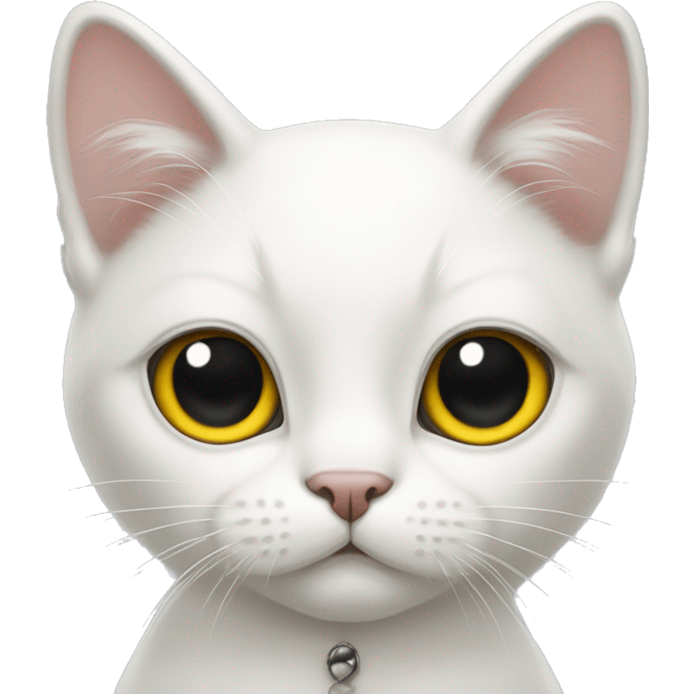 white cat whith white bow black eyes, and a yellow nose emoji