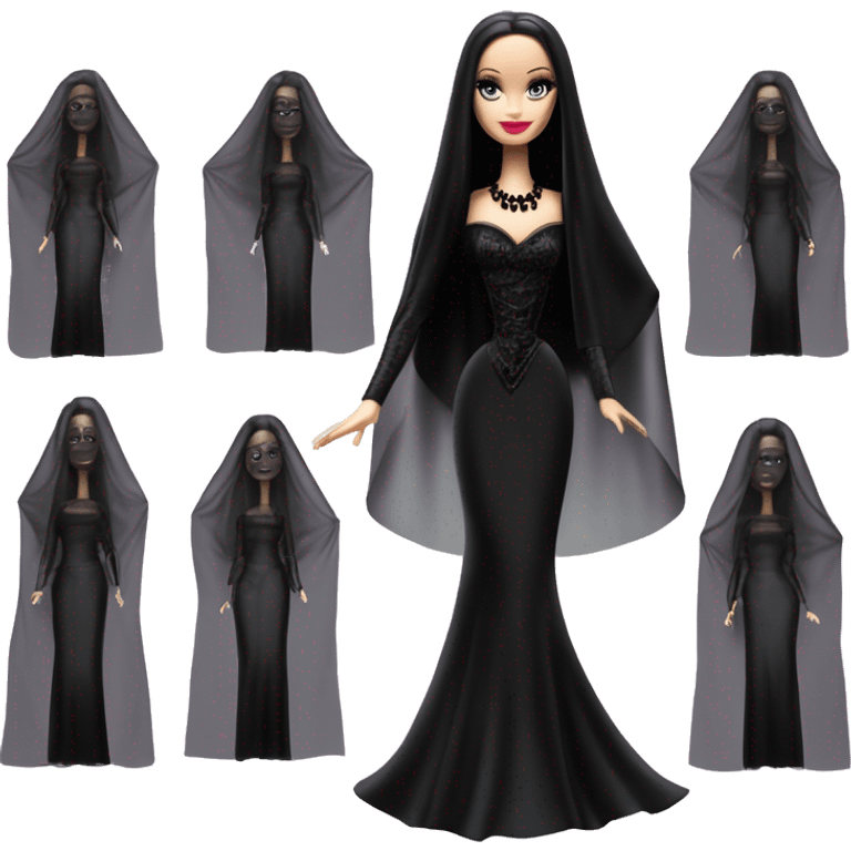 Principessa Barbie, teen Morticia Addams,cute,showing off, show full body,mourning accessories veil emoji