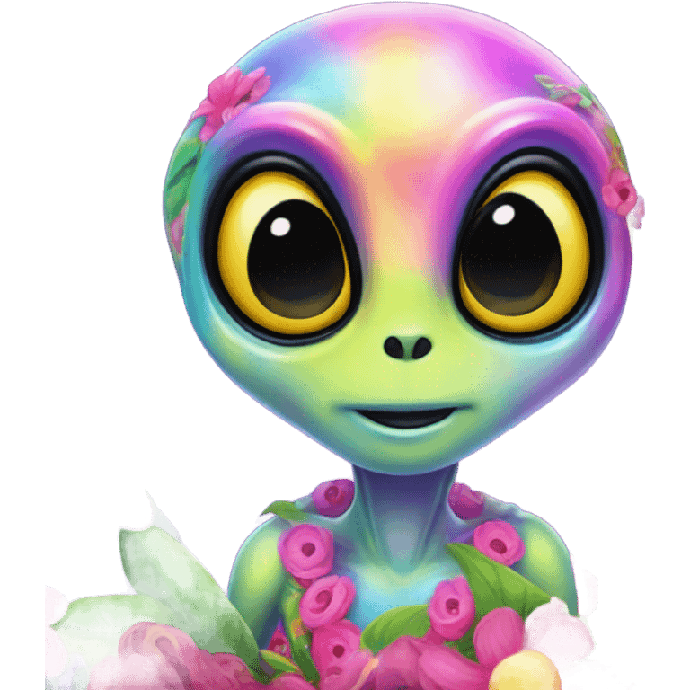 Lisa frank alien with big head and big black eyes with flowers emoji