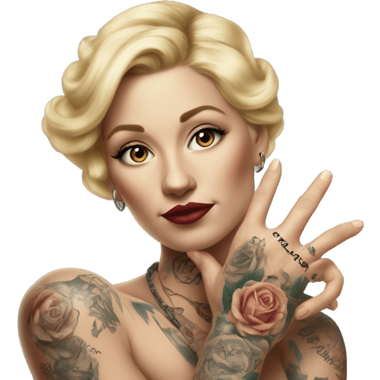 Blonde elegant women, her Body Covered with Tattoos, POINTING to YOU FORWARD with her ONE HAND , Hyper realistic emoji