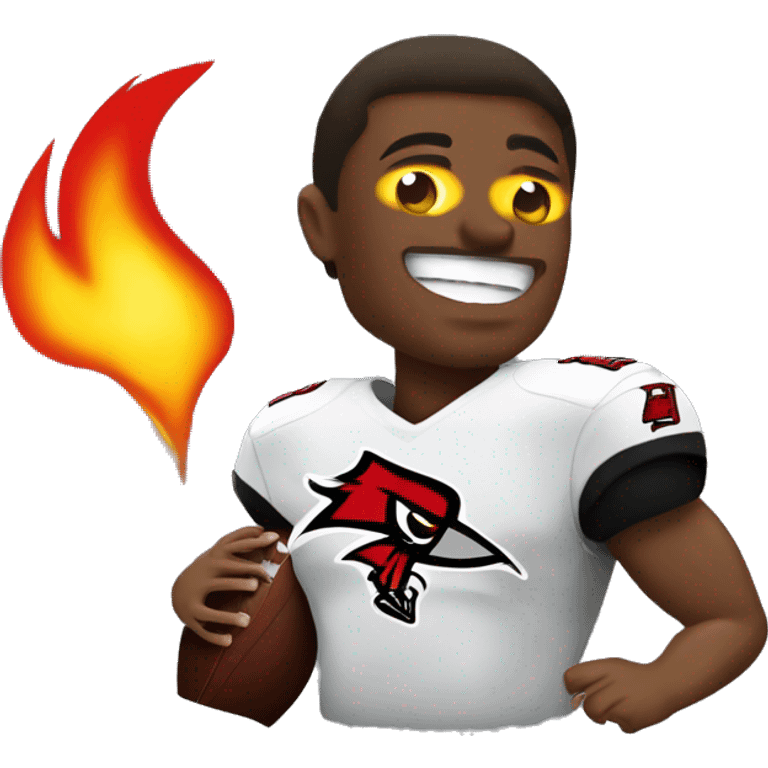 An NFL Buccaneers player that is burning the NFL Team falcons flag emoji