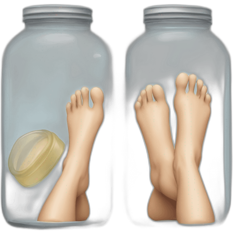 human legs standing on the floor with an ((empty transparent jar)) between them,outside,to the left and to the right,front view emoji