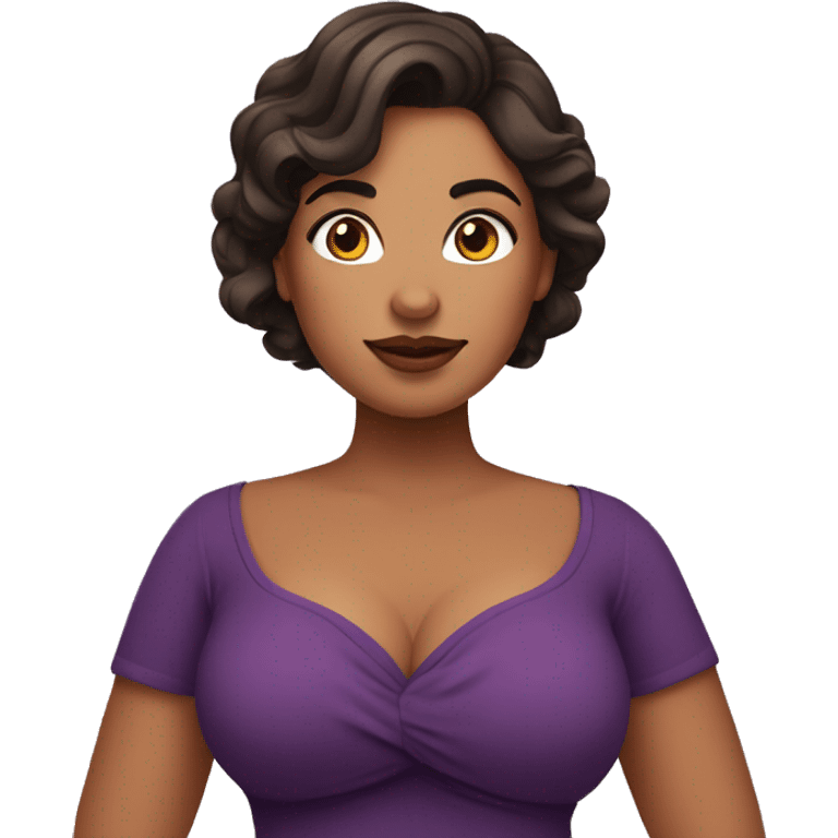 curvy woman holding chest, star sticker on her cheek, dark brown hair, purple dress emoji