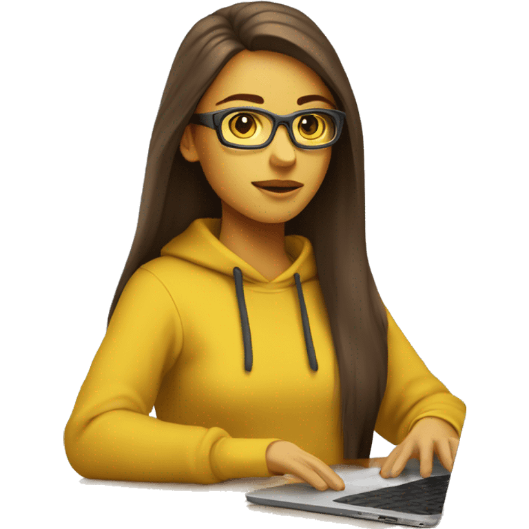 female coder with apple laptop in front of her, very long straight brown hair, brown eyes, facing the right side looking at the laptop, yellow sweatshirt,  glasses emoji