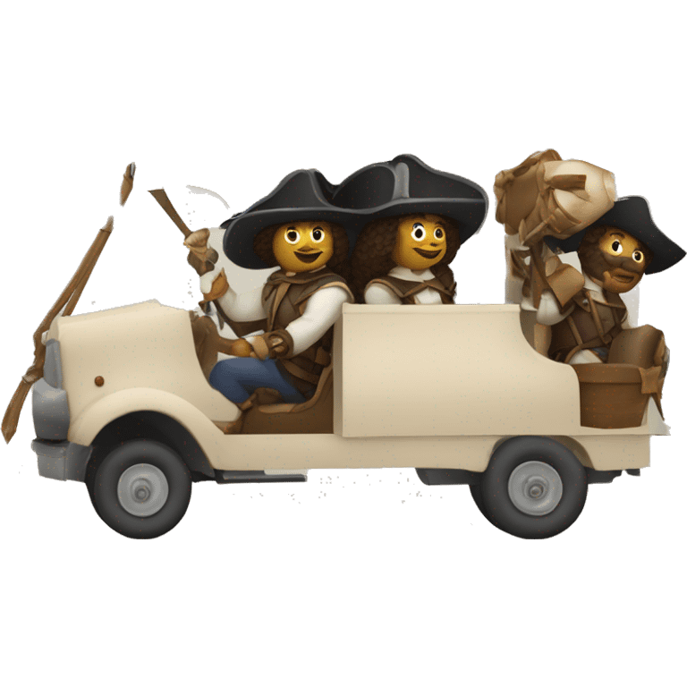 17th century musketeers driving mail truck, 1 male & 2 females emoji