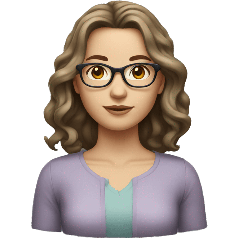 caucasian girl with brown wavy shoulder length hair, grey eyes glasses emoji