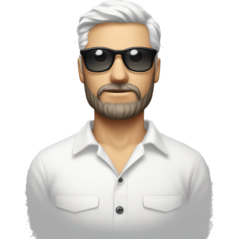 Homme blanc avec crane rasé, petite barbe, chemise blanche, lunette de soleil grise prada  emoji