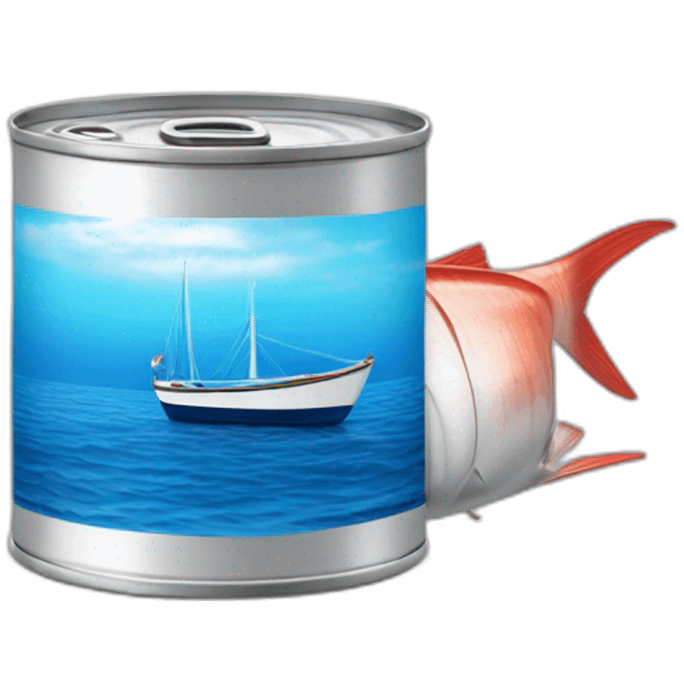 realistic can of tuna fish sowing the blue shape of a sailling boat on a sea background emoji