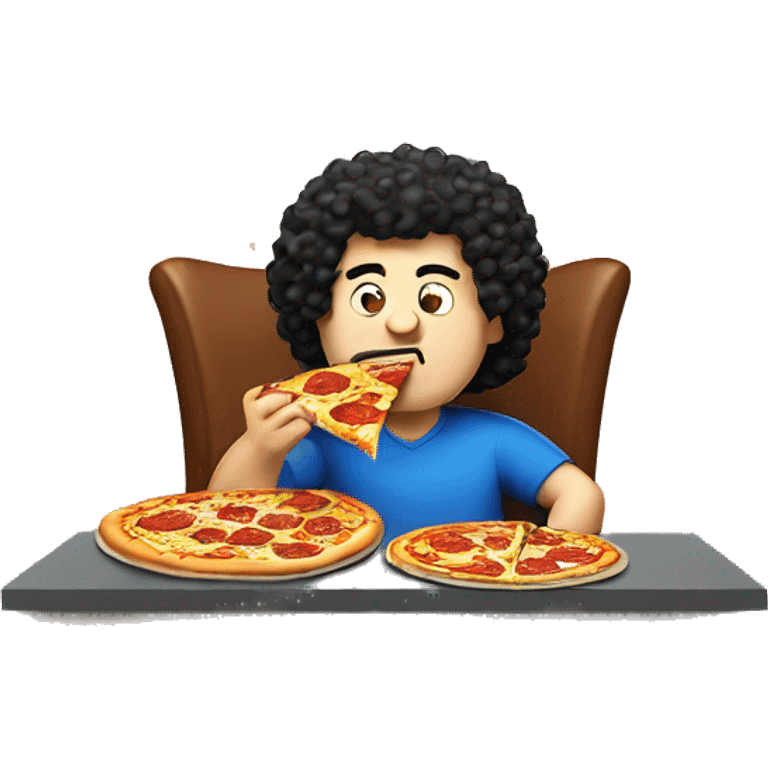 Big fat world sized white guy with black curly hair eating a pizza  emoji