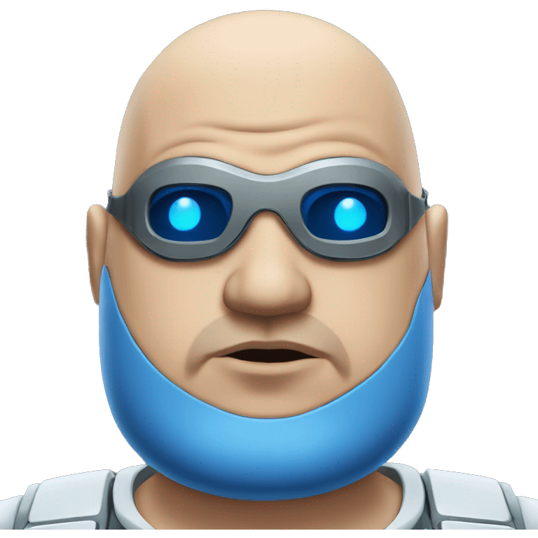 Fat bald cyborg head with tan skin, blue beard, blue goggles and circuits emoji