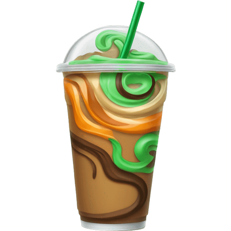 Realistic clear green ,orange,and brown swirled iced coffee inside and green curled straw in the top of the lid. emoji