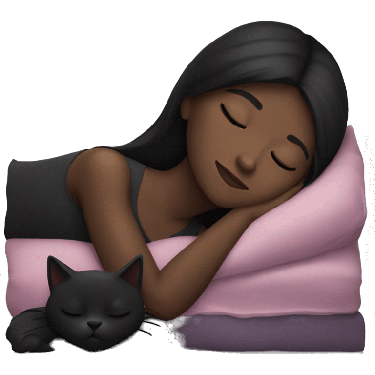 Brunette girl sleeping . The girl has a black long hair and dark skin with black cat  emoji