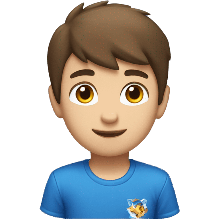 A young boy with short brown hair and brown eyes wearing a blue sonic the hedgehog shirt
 emoji