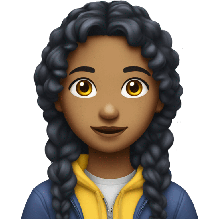 girl eating blueberries she has black hair and two braids. Her hair colour is black, but her texture of her hair is curly and wavy, and is middle eastern and she is wearing a yellow hoodie. emoji