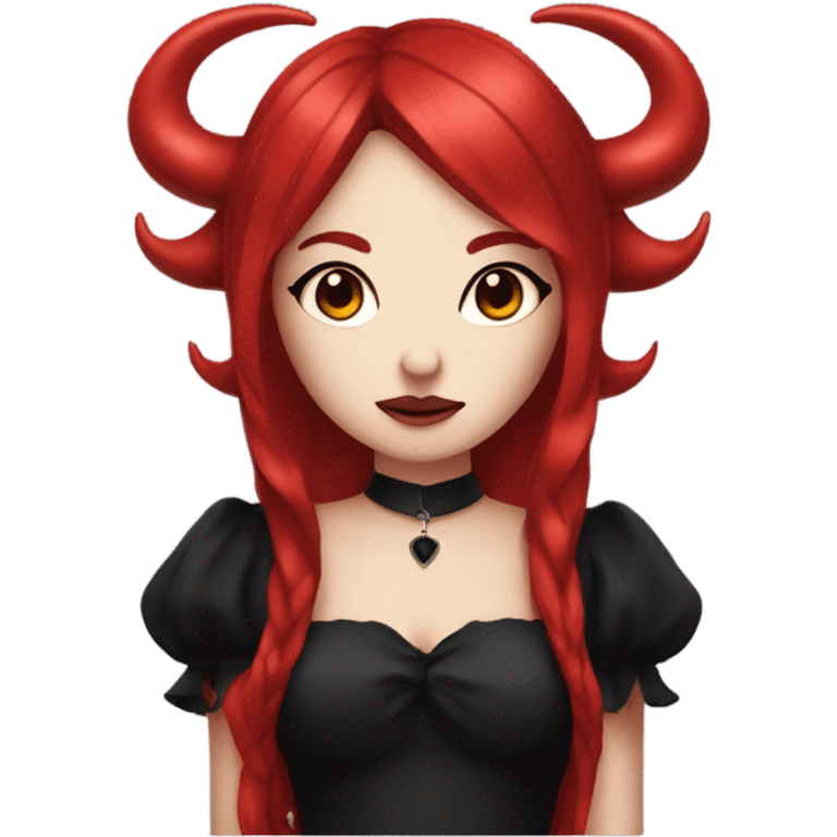 hime goth girl, devil horns, red hair, red dress emoji