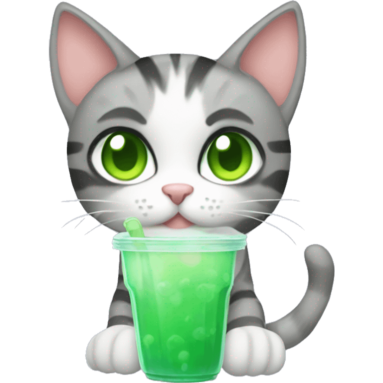 A striped grey cat with green eyes drinking boba emoji