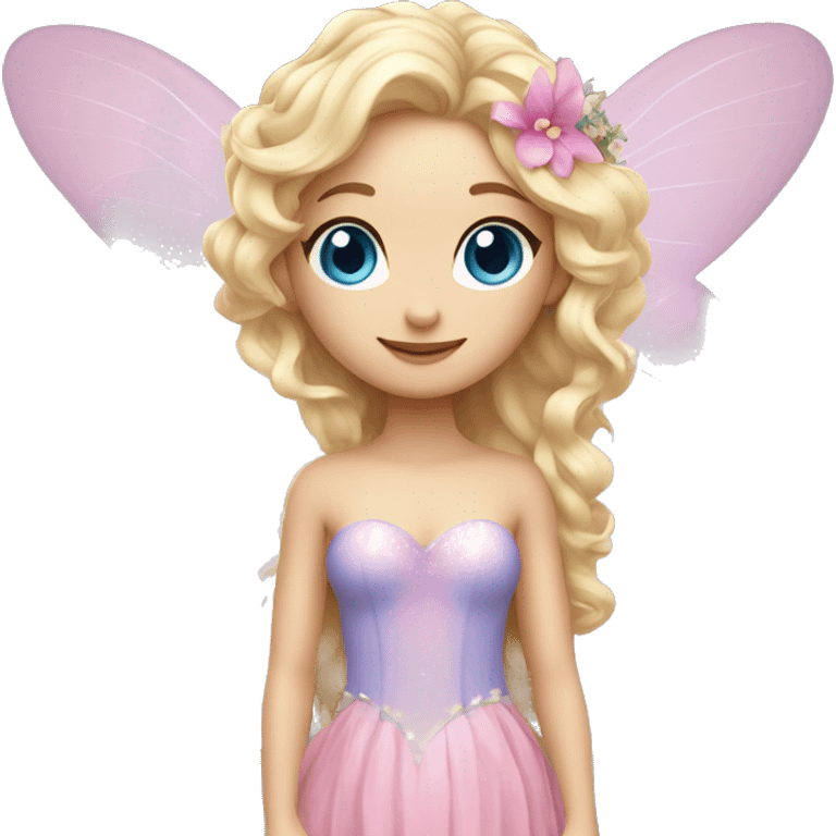 Fairy, a blonde hair with blue eyes and a pink dress with sparkly wings. Flowers. White wings. The fairy has long, curly hair with a lot of volume emoji